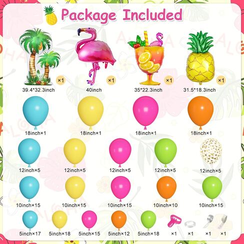 Ouddy Life 187Pcs Summer Tropical Balloons Garland Arch Kit, Hawaiian Luau Party Decorations, Hot-Pink Fruit Green Lake Blue Flamingo Coconut Tree Balloon for Beach Aloha Pool Birthday Baby Shower in Kuwait