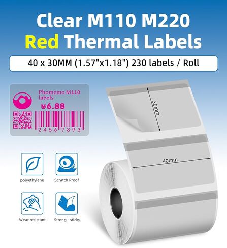 Clear M110 Thermal Thermals - لـ M100/M110/M220/M200/M260/M250 M150 ، تعبئة ملصق Master Master Print Print Print الشفافة 1.57 "x1.18" (40 × 30 مم) متوافق مع ملصقات phomemo للعلامة ، الشريط ، الشعار in Kuwait