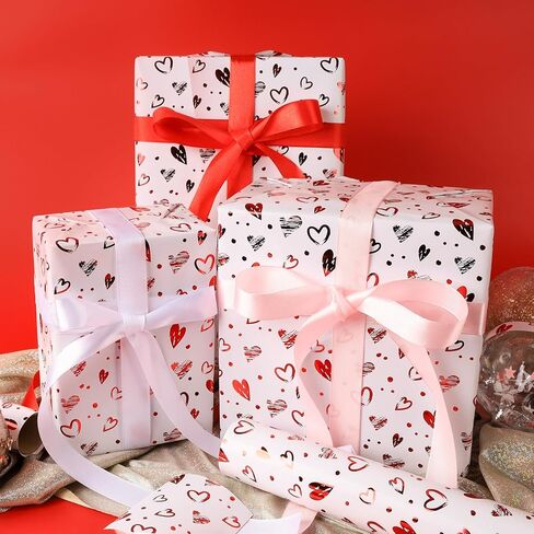 Rayofsun Foil Hearts لف لفائف الورق ، شظية Red Heart Design Print Mini Roll ، 17 INX10 FT لكل لفة لفائف هدايا فاخرة ليوم الذكرى ، حفل زفاف ، دش الزفاف ، عيد ميلاد ، عطلة ، عيد الميلاد in Kuwait