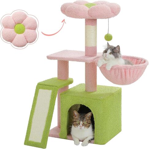 PETEPELA Cat Tree for Small Indoor Cats, Plush Cat Tower with Large Cat Condo, Deep Hammock and Sisal Cat Scratching Post for Kittens Beige in Kuwait