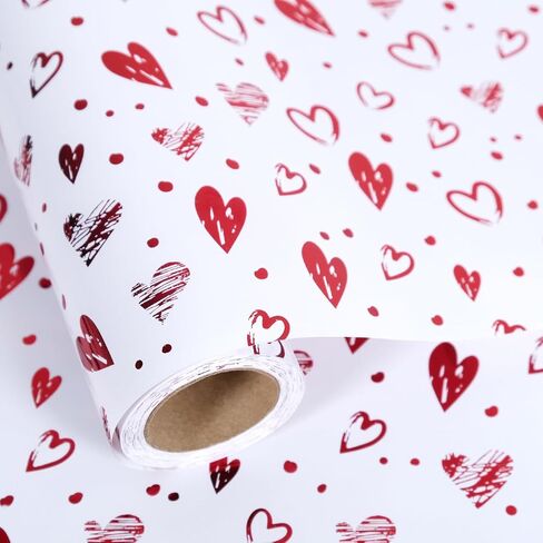 Rayofsun Foil Hearts لف لفائف الورق ، شظية Red Heart Design Print Mini Roll ، 17 INX10 FT لكل لفة لفائف هدايا فاخرة ليوم الذكرى ، حفل زفاف ، دش الزفاف ، عيد ميلاد ، عطلة ، عيد الميلاد in Kuwait
