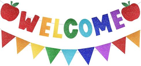 2 PCS Glitter مرحبًا بك في لافتات المدارس ، اليوم الأول من الزخارف المدرسية مع التفاح والمعالم ، ترحب بعلامة الزخارف لمكتب الفصول الدراسية واللوازم الحزبية (مرحبًا) in Kuwait