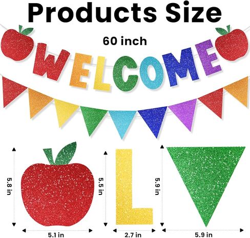2 PCS Glitter مرحبًا بك في لافتات المدارس ، اليوم الأول من الزخارف المدرسية مع التفاح والمعالم ، ترحب بعلامة الزخارف لمكتب الفصول الدراسية واللوازم الحزبية (مرحبًا) in Kuwait