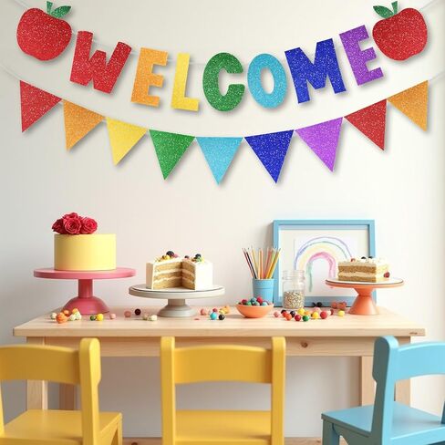 2 PCS Glitter مرحبًا بك في لافتات المدارس ، اليوم الأول من الزخارف المدرسية مع التفاح والمعالم ، ترحب بعلامة الزخارف لمكتب الفصول الدراسية واللوازم الحزبية (مرحبًا) in Kuwait