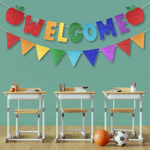 2 PCS Glitter مرحبًا بك في لافتات المدارس ، اليوم الأول من الزخارف المدرسية مع التفاح والمعالم ، ترحب بعلامة الزخارف لمكتب الفصول الدراسية واللوازم الحزبية (مرحبًا) in Kuwait