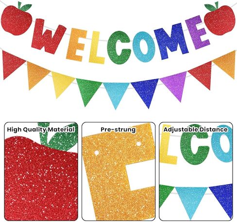 2 PCS Glitter مرحبًا بك في لافتات المدارس ، اليوم الأول من الزخارف المدرسية مع التفاح والمعالم ، ترحب بعلامة الزخارف لمكتب الفصول الدراسية واللوازم الحزبية (مرحبًا) in Kuwait