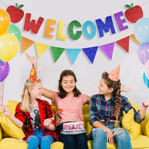 2 PCS Glitter مرحبًا بك في لافتات المدارس ، اليوم الأول من الزخارف المدرسية مع التفاح والمعالم ، ترحب بعلامة الزخارف لمكتب الفصول الدراسية واللوازم الحزبية (مرحبًا) in Kuwait