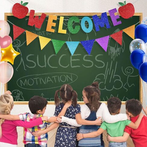 2 PCS Glitter مرحبًا بك في لافتات المدارس ، اليوم الأول من الزخارف المدرسية مع التفاح والمعالم ، ترحب بعلامة الزخارف لمكتب الفصول الدراسية واللوازم الحزبية (مرحبًا) in Kuwait