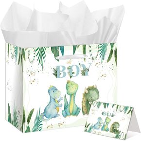 EIGHTSTATES Large Baby Dinosaur Gift Bags Set - Green 'It's a Boy' Baby Shower Decorations with Greeting Card & Tissue Paper for Newborn, Gender Reveal & Dino Birthday Party