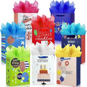 MUMULULU 8 Pack Birthday Gift Bags with Ribbon Handle and Tissue Paper Funny Glitter Happy birthday Gift Bags for Birthday Gift Wrapping Presents