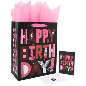13" Large Black Happy Birthday Gift Bag Set with Handles, Greeting Card, Pink Tissue Papers and Stickers for Women Girls Kids Teens, Cartoon Design, 1 Pcs