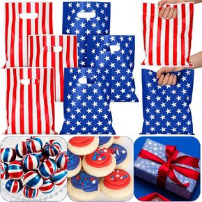 Kolldenn 50 Pieces 4th of July Party Favor Gift Bag 8 x 10 Inch Plastic American Flag Patriotic Goodies Treat Candy Bag for Memorial Day Independence Day Party Red White Blue Gift Wrapping Supplies