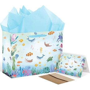 Extra Large Sea Animal Birthday Gift Bag - Ocean Theme Gift Bag Set with Card & Tissue Paper - Dolphin Whale Design for Beach Parties, Baby Showers & Under the Sea Celebrations