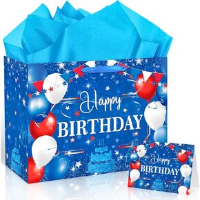 Red White and Blue Birthday Gift Bag with Tissue Paper Card Red Blue Patriotic Birthday Wrapping Paper Bag for 4th of July Independence Day Veterans Memorial Day Hero Baseball Bday Baby Shower