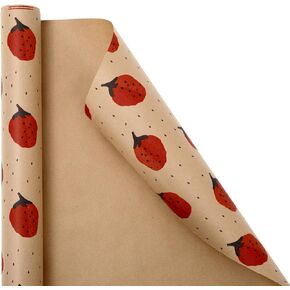 FYSUIMU Kraft Strawberry Wrapping Paper -Mini Roll- 17 In x 32.8 Ft Brown Strawberry Pattern Gift Wrap Paper Cute Red Fruit Art Paper for Wedding Baby Shower Birthday Party DIY Craft Decor