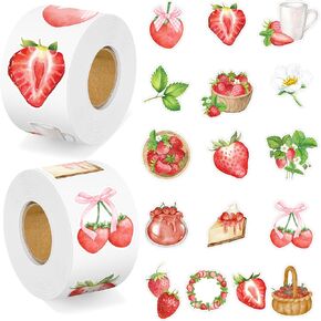 2 Roll Strawberry Stickers Pink Bow Strawberry Fruit Printed Stickers for Coquette Themed Birthday Party Baby Shower Bacheloreete Party for Water Bottle Journal Scrapbook Supplies