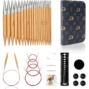 Ruidi Premium Beechwood & Steel Interchangeable Knitting Needles Set - 10 Sizes (3.5-10.0mm) with 4 Cables & Navy Blue Leather Case | Double-Lock Ergonomic Design