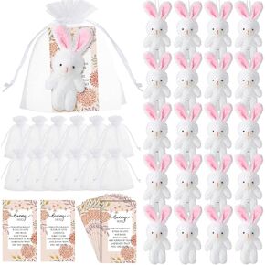 Fuutreo 24 Sets Bunny Stuffed Animal Gift Include 24 Mini Plush Bunny Stuffed Doll 24 Hug Card with Organza Bags for Teacher Students Party Favors(Sweet Bunny)