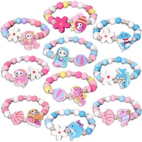 10pcs Kids Bracelet, Cute mermaid Party Favor for Girls, Wood Sea Animal Flower Pendants Play Jewelry for Birthday Gift Goodies Bag Stuffers Fillers