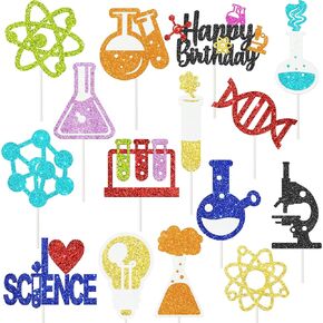 24Pcs Glitter Science Cupcake Toppers for Science Birthday Party Decorations Science Theme Party Cupcake Picks for Chemistry Laboratory Theme Birthday Party Baby Shower Supplies