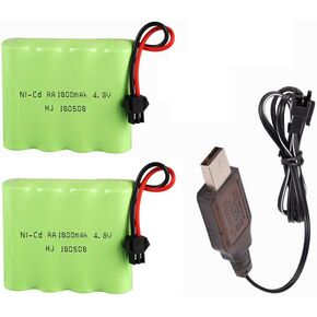 4.8V 1800mAh NiCD Battery Pack Rechargeable AA Battery with SM Plug for RC Car RC Truck 1:18 1:16,1:14 Tanks RC Battery 2 Pack with USB Charger