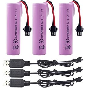 3PCS 3.7V 2000mAh SM-2P Plug Lithium Battery with USB Charging Cable Suitable for DE68 DE44 DE45W DE45 DE58 DE49 DE57 DE70 Off-Road Vehicle Truck Tank RC Toy Car Spare Batteries
