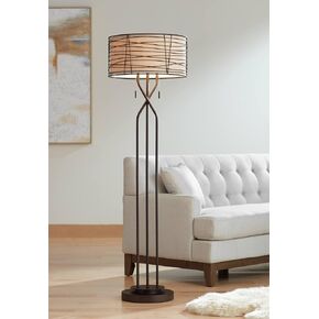 Franklin Iron Works Marlowe Industrial Rustic Farmhouse Floor Lamp Standing 60 1/2" Tall Bronze Woven Iron Metal Burlap Fabric Double Drum Shade for Living Room Reading Bedroom Office House Home