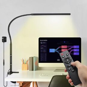 Clip on Desk Lamp, Remote Control Desk Light with Stepless Dimming Adjustable Flexible Gooseneck,Eye-Caring Clip on Table Lamp with 4 Color Modes, Workbench Drafting Reading Study bedrooms