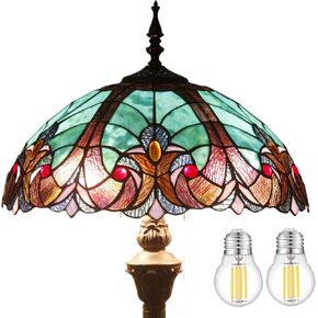 WERFACTORY Tiffany Floor Lamp Green Brown Liaison Stained Glass Standing Reading Light 16X16X64 Inches Antique Pole Corner Lamp Decor Bedroom Living Room Home Office S160G Series