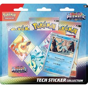 Pokemon TCG: Scarlet & Violet—Prismatic Evolutions Tech Sticker Collection – Glaceon (1 Foil Promo Card & 3 Booster Packs)