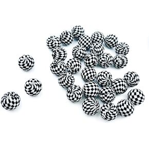 30pcs Silicone Printed Checkerboard Print Beads - 15mm Black White Plaid Round Silicone Spacer Beads for Keychain Making, Bracelet, Necklace