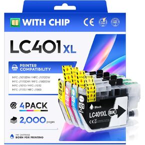 LC401XL Ink Cartridges for Brother Printer Compatible for Brother MFC-J1010DW Ink Cartridges LC401 Replacement MFC-J1010DW J1170DW J1012DW DCP-J1800DW J1140DW J1050DW(Black Cyan Magenta Yellow, 4PK)