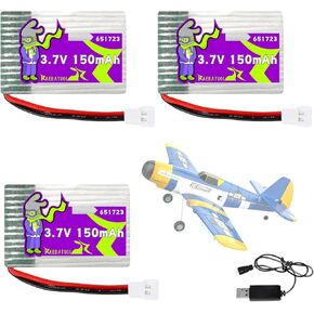 3.7V 150mAh 651723 20C Lipo Batteries for BEZGAR HQ089 RC Plane, X2 Drone U207 H2 H8 Remote Control Airplane Flyer with Molex/XH2.54 Plug and 1S USB Charger