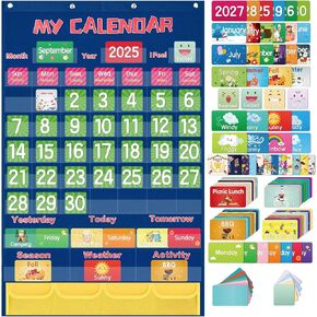 Classroom Monthly Calendar Pocket Chart with 144 Cards, Wall Calendar and Weather Chart for Kids Learning, Teacher Supplies for Kindergarten Preschool Elementary Homeschool