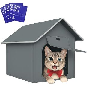 Cat Cooling House -Foldable Cat House Outdoor Indoor Waterproof, Insulated Air Conditioned, Summer Cooling with 16 Reusable Ice Packs, Small/Medium Cats, Dark Grey