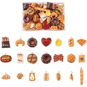 Beadthoven 42pcs Cute 3D French Bread Resin Charms Pendants Mixed Small Croissant Toast Donuts Breakfast Food Dangle Beads for DIY Earrings Necklaces Keychain Jewelry Making Accessories