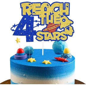 Reach 4 the Stars Cake Topper,Outer Space Four Years Birthday Party Cake Picks,Kids 4th Birthday,Rocket Space Theme 4th Birthday Party Decorations Blue Gold Red