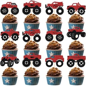 Truck Car Cupcake Toppers,Funny Racing Car Cupcake Decorations,Racing Theme Truck Car for Kids Birthday Baby Shower Party Supplies Black Red