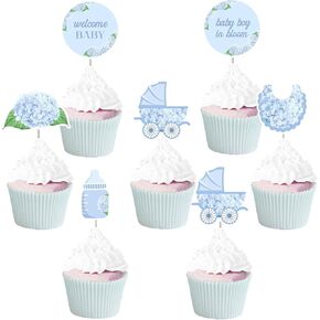 24Pcs Blue Hydrangea Cupcake Toppers, Baby Boy in Bloom Welcome Baby Cupcake Picks Baby Shower Decorations, Spring Flowers Floral for Pregnancy Announcement Gender Reveal Party Supplies