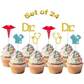 Kimini-Ki Doctor Cupcake Toppers, 24Pcs Doctor Birthday Graduation Cupcake Toppers, Medical Themed Assistant Symbol Cupcake Picks, Dr. Themed Birthday Graduation Party Decorations