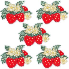5 Pieces Strawberry Embroidered Iron On Patches Cute Fruit Blossom Sew On Patch for Clothes Dress Jackets Caps DIY Strawberry Embroidery Patches Sewing Craft Decoration
