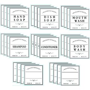 Waterproof Labels for Shower Bottles, Hand Soap Shampoo and Conditioner Label, Mouthwash Dispenser Label for Bathroom, Black PVC Self-Adhesive Labels for Bathroom (28PCS) (Mix), 6TYPEBla