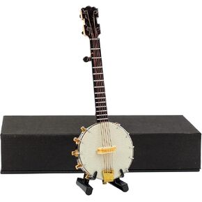 Wooden Miniature Banjo with Stand and Case Mini Musical Instrument Banjo Replica Collectible Figurines Dollhouse Accessories Model Home Decoration Display Ornament (5.51"x1.97"x0.71")