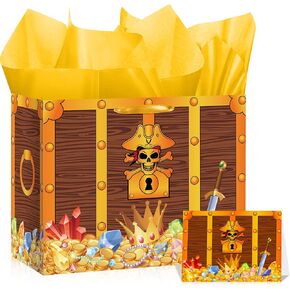 Large Pirate Gift Bag Treasure Chest Gift Box with Tissue Paper and Card Treasure Hunt Gift Wrapping Paper Bag Pirate Treasures Birthday Favor Bag for Nautical Birthday Christmas Party Supplies