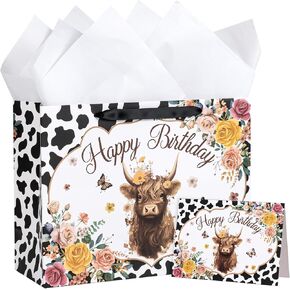 WRAPAHOLIC 13" Cow Birthday Gift Bags with Tissue Paper and Card - Brown Cow Farm Party Favor Bags for Cow Themed Baby Shower Kids Birthday