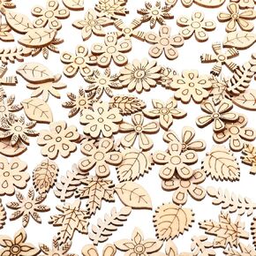 100 Pcs Wooden Flowers for Crafts, Wood Flowers Unfinished Wood Cutouts, Flower Craft with Leaf Patterns Mini Handmade Crafts Spring Home Decor Paintable DIY Wooden for Christmas Ornaments, Party