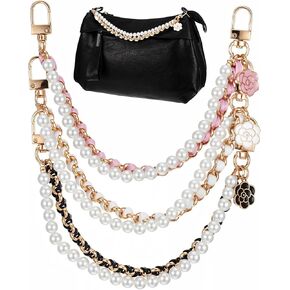 3Pcs Pearl Purse Strap Extender 10“ Purse Charm Chain for Handbags Pearl bag Chain Metal Shoulder Crossbody Bags Short Handle Replacement Charms Accessories for Women（Black Pink and White）