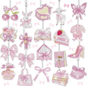 Aurelema 20 Pieces Pink Bow Diamond Painting Keychains Coquette Party Diamond Art Keychain 5d DIY Painting Art Kits for Women Crafts Party Decor(Coquette)