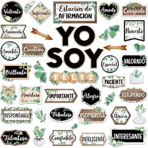 44 Pcs Affirmation Station Spanish Bulletin Board Set Motivational Posters Classroom Mirror Growth Mindset Decor Positive Affirmations Accents Cutouts for School Office Teacher(Boho)