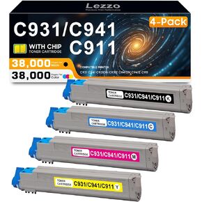 C931 C941 C911 Toner Cartridge 4-Pack 45536516 45536515 45536514 45536513 Toner Cartridge Replacement for OKI C931 C941 C931dn C931e C941dn C941e C911 Printer (Black Cyan Magenta Yellow)